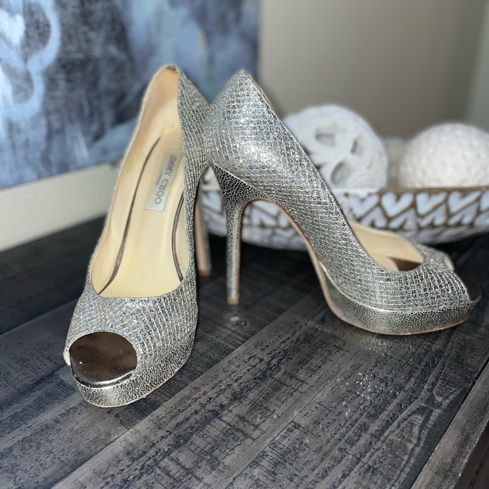 Jimmy Choo Glitter Fabric Champagne Crown Pumps